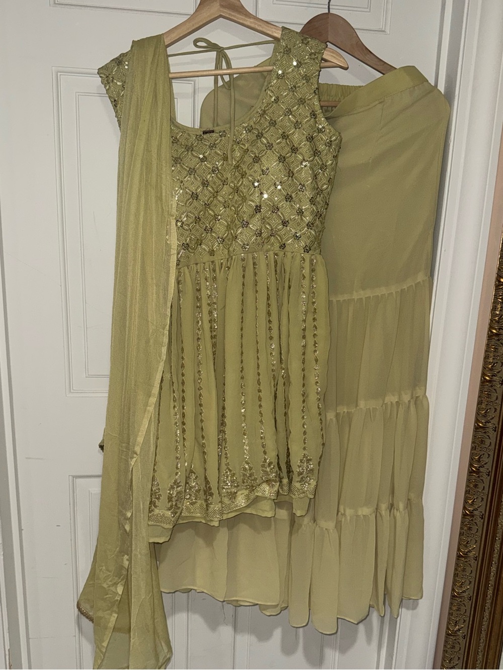 Women’s Olive Green Embellished Palazzo Midi Pants Set